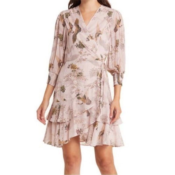 NWT AllSaints Ari Peggy Floral Print Wrap Dress in Dusty Pink-U3 - Picture 1 of 8